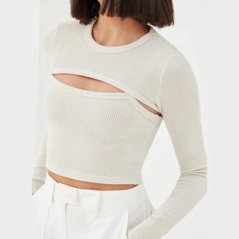 4th & Reckless Women's Bone White Gabrielle 2-Piece Arm Warmer Crop Top Size L_2